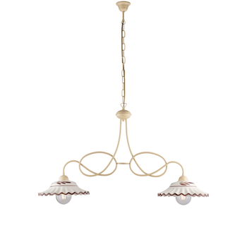 Lámpara De Araña Bistrot En Hierro Lacado Marfil Y Decoraciones. Efecto Decapé Con Difusores Cerámicos D. 30 Blanco Y Marrón 2 Luces L. 98 X 30