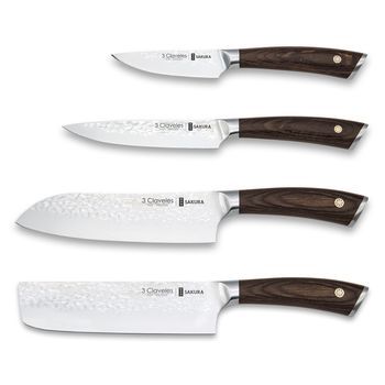 3 Claveles Sakura - Juego Premium De 4 Cuchillos Acero Forjado Con Hoja Martilleada