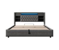 cama tapizada 180x200 cm - con canape hidraulico led usbtype-c cabecero con estanteria y almacenamiento - gris