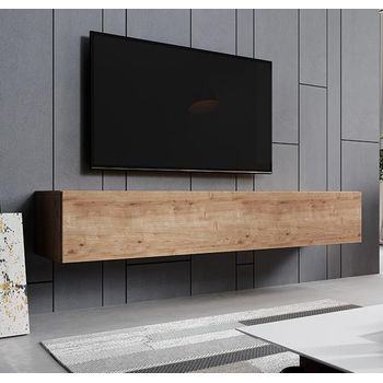 Mueble Tv | Mueble De Televisión | Colgante | Mueble De Salón | 1 Puerta 3 Compartimentos | Roble Acabado En Mate | 180x30x40cm | Modelo Aitana M2