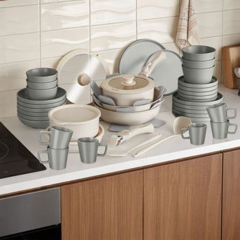 Set básico de cocina para 6 personas, 46 piezas, gris/blanco