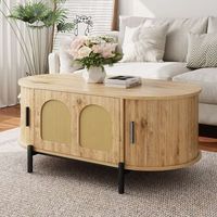 mesa baja ovalada de mdf tenido natural con puertas correderas de mimbre patas de metal espacio de almacenamiento estilo madera