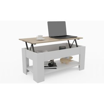 Mesa De Centro Elevable Mc-5, Comedor O Auxiliar, Mayor Grosor Y Estabilidad. Blanco Tapa Roble Dormidán