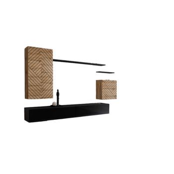 Conjunto De Muebles De Salón Switch Ii – Roble Wotan Y Negro – Acabados En Efecto Roble Fresado Y Negro Brillante – Diseño Moderno