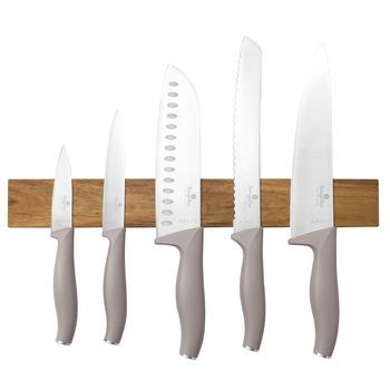 Berlinger Haus Juego De Cuchillos 6 Piezas Con Soporte Magnético De Madera De Acacia, Acero Inoxidable, Mango Ergonómico, Cuchillo Chef, Pan, Santoku, Utilidad, Pelador, Taupe Mate