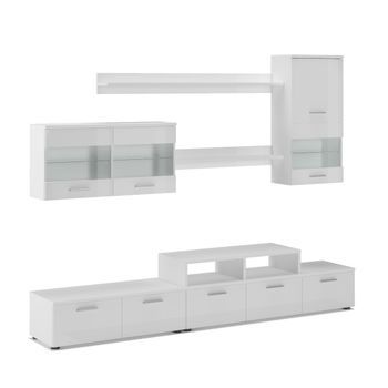 Mueble Salón Comedor Moderno Con Leds, Acabado En Blanco Mate Y Blanco Brillo Lacado, Medidas: 250x194x42 Cm De Fondo