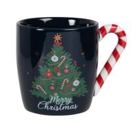 taza de ceramica con motivos navidenos negros blancos verdes rojos y dorados