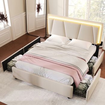 Cama Tapizada Doble 140x200 Cm Beige Led 4 Cajones Cabecero Regulable Altura Somier Láminas