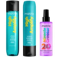 matrix total results volumising high amplify shampoo conditioner and miracle creator spray routine for fine and flat hair