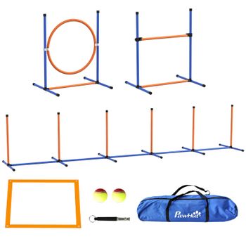 PawHut Juego de Agilidad para Perros de 4 Piezas con Piquetes para Slalom Zona de Reposo Valla y Anillo de Salto Naranja y Azul