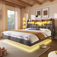 cama suspendida 160 x 200 cm con led cabecero con almacenamiento 1 puerto tipo c  3 puertos usb r lino gris sin colchon