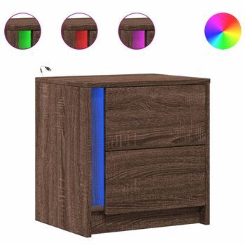 Pack 2 Uds Mesitas De Noche | Mesilla De Noche Luces Led Madera Ingeniería Roble Marrón