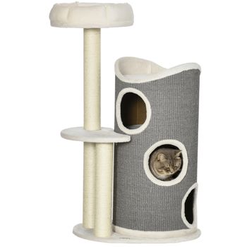 PawHut Árbol Rascador con cama para gatos y tina rascadora para gatos, 60 cm x 44.5 cm x 109 cm, Gris + Natural + Blanco