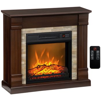 HOMCOM Chimenea Eléctrica Estufa Eléctrica 1800W Calentadorcon Efecto de Llama Mando a Distancia Temporizador 80x21,6x67,8cm Marrón   Aosom España