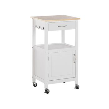 Carrito De Cocina Blanco Tablero De Madera Clara 39 X 48 X 89 Cm Ruedas Estante Cajón Siena