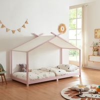 cama para ninos brome forma casita con techo pino 90 x 200 cm - rosa y blanco encasa