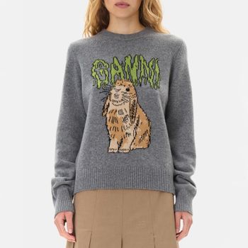 Ganni Graphic Bunny Crewneck Wool-Blend Knit Jumper - M