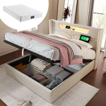 Cama Tapizada Doble Con Iluminación Led, Cargador Usb Tipo C, Almacenamiento, En Lino, 140x200, Con Somier De Lamas Y Colchón
