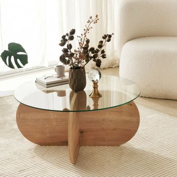 Mesa de centro de madera y tablero de vidrio