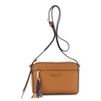 bolso para camara con efecto piel saffiano y charms multicolores tan