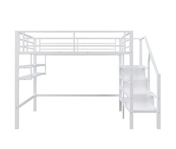Cama alta de metal de 140x200 cm - con estante y escalera de almacenaje - color blanco