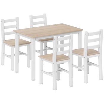 HOMCOM Conjunto de Comedor de 5 Piezas para 4 Personas Mesa y Sillas de Estilo Rústico de Madera Maciza Natural y Blanco   Aosom España