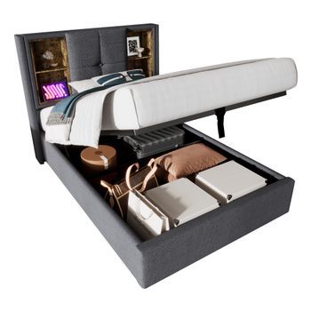 Cama Individual 90x200 Cm Con Carga Inalámbrica, Usb Y Usb-c, Estructura De Madera Con Almacenamiento Y Resorte De Gas, Latón Elástico, Color Gris, Sin Colchón