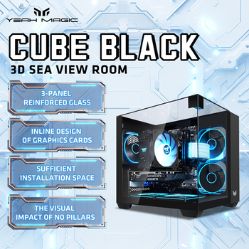 Caja de Ordenador Yeah Magic Cube MATX de Estilo Moderno, Vista Panorámica de Tres Lados con Cristal, para Juegos y Negocios