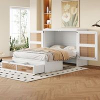 cama abatible vertical de 140 x 200 cm blanca con cajones y puertas de ratan