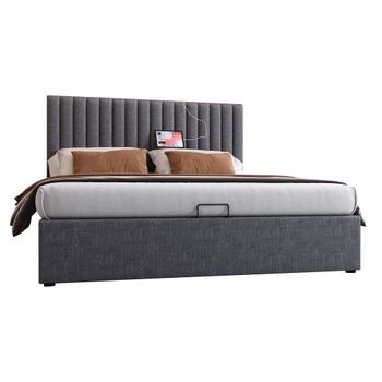 Cama Doble Tapizada, 140x200cm, Cabecero Ajustable Con Led Y Usb C, Color Gris.