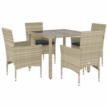 Set Comedor Jardín 5 Piezas | Mueble De Jardín Y Cojines Ratán Pe Vidrio Gris Claro