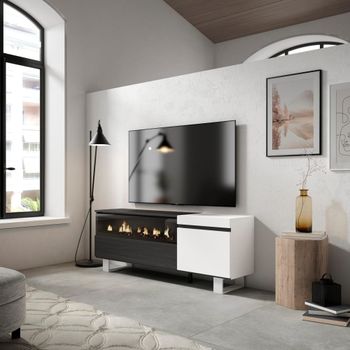 Mueble tv efecto madera blanco y negro 150x35x57 chimenea efecto fuego