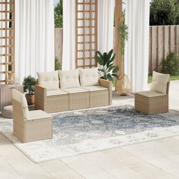 Conjunto De Sofás Jardín Con Cojines 5 Uds | Mueble Jardin Mesa Y Sillas Ratán Sintético Beige Cfw874423