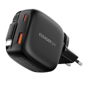 [GaN Tech] MENSAJE ES-CD60 Cargador USB PD de 65 W con 2 puertos y cable USB-C retráctil + USB-A + Adaptador de cargador