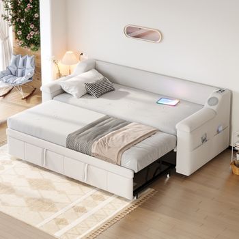 Cama Nido 90/180 X 190 Cm Con Reposabrazos - Terciopelo - Equipo De Música Bluetooth Y Puertos Usb - Beige (sin Colchón)