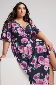 Yours London Vestido Azul Marino Floral Con Bajo Asimétrico, Mujer Curvy Y Tallas Grandes, Yours London
