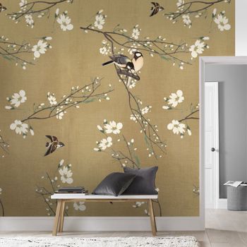 Fresco panorámico primavera japonés beis amarillo 200x280cm