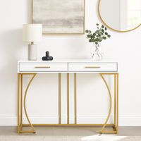 mesa consola blanca y estructura dorada con 2 cajones
