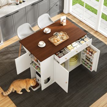 Isla De Cocina Blanca Y Nogal Con Encimera Extensible, 120 X 70 X 90 Cm