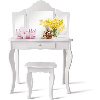 Tocador Con Taburete Y Espejo Para Niña De Mdf Y Madera Mesa De Maquillaje Con Cajón Costway 70 X 34 X 103 Cm