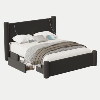 Cama 140x200 Cm Con Diseño Moderno, Estructura De Columnas 3d, Cabecero Acolchado Grueso, 2 Cajones De Almacenamiento Y Puertos Usb Integrados, Ideal Para Dormitorios Con Estilo Y Comodidad Práctica, Color Negro