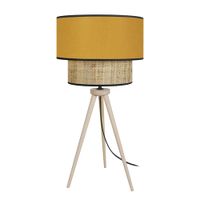 lampara de mesa madera natural pantalla amarillo mostaza