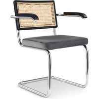silla de comedor con reposabrazos - tapizado en terciopelo - madera y ratan - hyre gris os