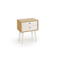 mesita de noche elegante con dos cajones y patas de madera color encerado y blanco medidas ancho 45 cm x alto 55 cm x fondo 30 cm