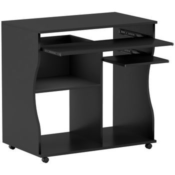 Escritorio De Ordenador 80x48x75 Cm Con Ruedas Y Bandeja Para Teclado, Tablero De Partículas, Negro