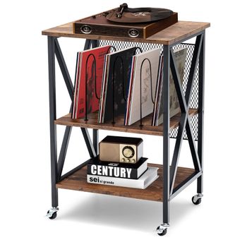 Costway Mesa Auxiliar 3 Niveles Estante de Discos Rodante Soporte de Almacenamiento de Vinilo 3 Divisores Ruedas para Salón Dormitorio Marrón