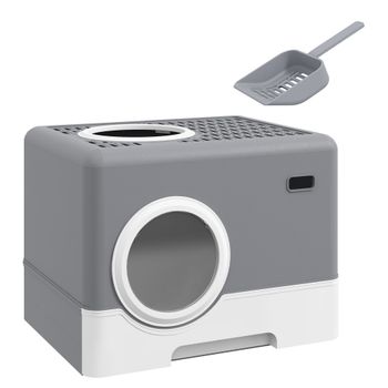 PawHut Arenero para Gatos Cubierto con Pala Bandeja Extraíble Entrada Frontal y Salida Superior 52x41x38,5 cm Gris   Aosom España