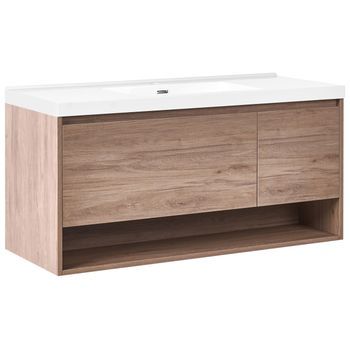 Mueble De Baño Suspendido Con Lavabo Frente De Mdf 1 Cajón 2 Estantes 120 X 50 Cm Marrón Claro Umayo