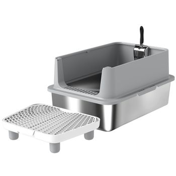 PawHut Arenero XL de Acero Inoxidable, Paredes Laterales Altas, Pedal y Alfombrilla Filtrantes, Pala, 60,2x40,2x29,6cm, Gris