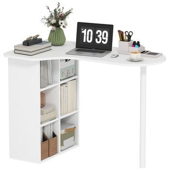 Escritorio De Oficina Blanco De Acero Y Mdf, Escritorio Curvo Con Estantes Regulables, 100 X 59 X 75,5 Cm – Blanco